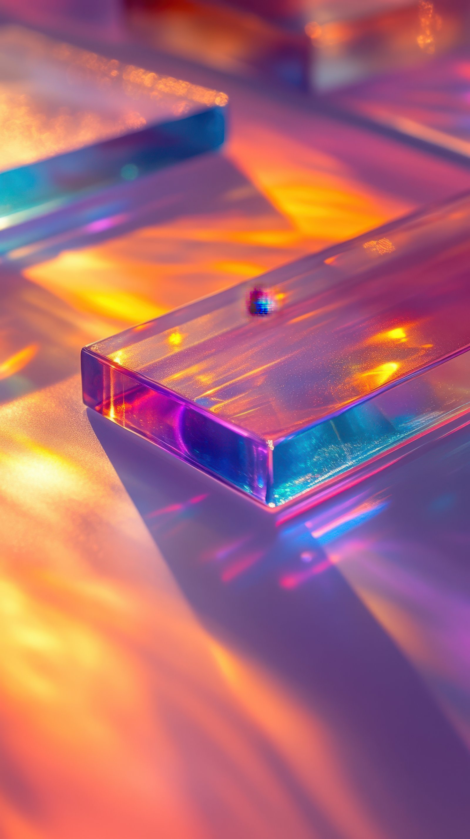 Colorful light reflections from translucent glass objects on a surface during a vibrant sunset